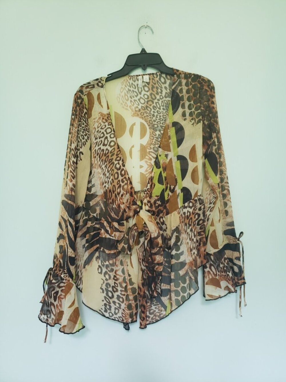 Cato Womens M Blouse Baby Doll Animal Print Bell Sleeve Sheer Tie Boho Festival